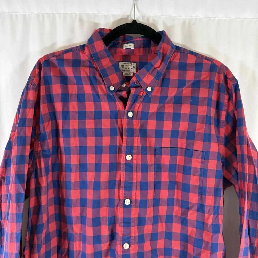 J Crew Slim Fit Button Up Shirt Men's XL Red Blue Plaid Lightweight Long Sleeve